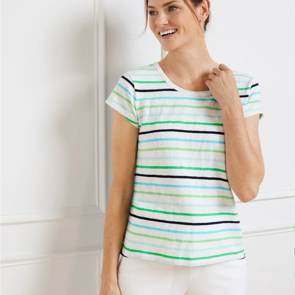 Striped Short Sleeve Top - Green, Blue, White-NWOT - Picture 1 of 6